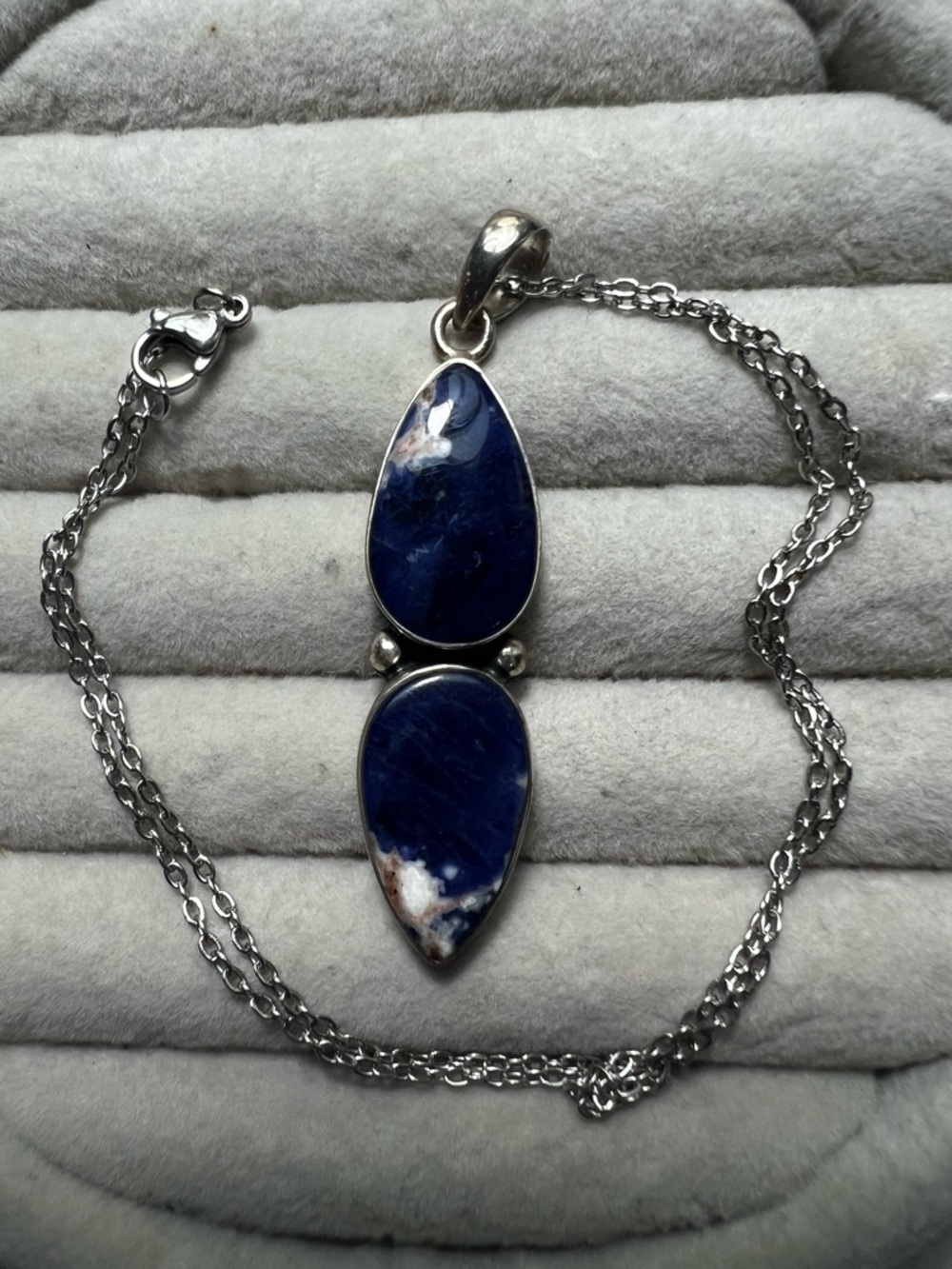 Sterling Silver Blue Sodalite Double Teardrop Pendant Necklace